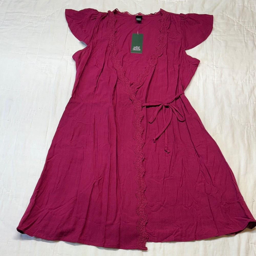 Romantic Cap Sleeve Magenta/Burgundy Y2K Lace Trim Tie Waist Mini Dress NWT